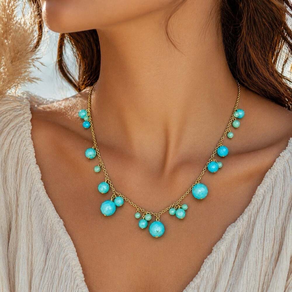 Vintage Mimi Golzer Turquoise Beaded Necklace Gold Tone Dangle Cluster Boho